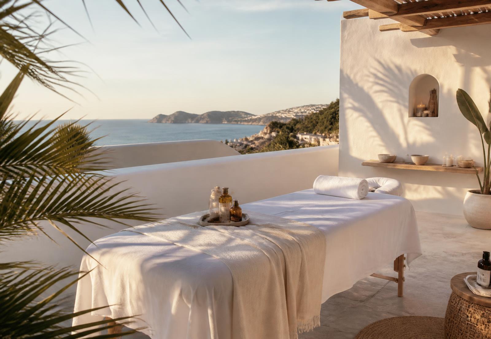 Massage table set up on a whitewashed Ibiza terrace overlooking the sea